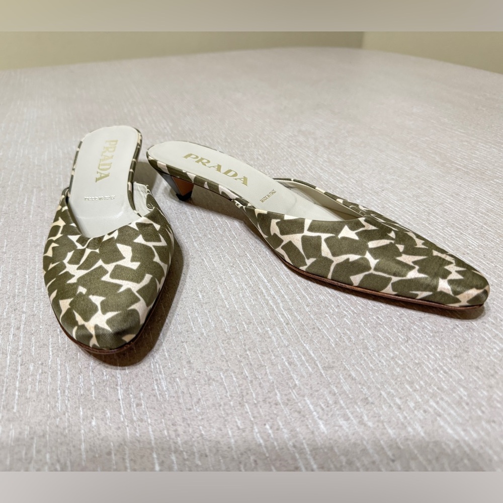 Prada Olive & White Patterned Satin Pointed Kitten-Heel Mules